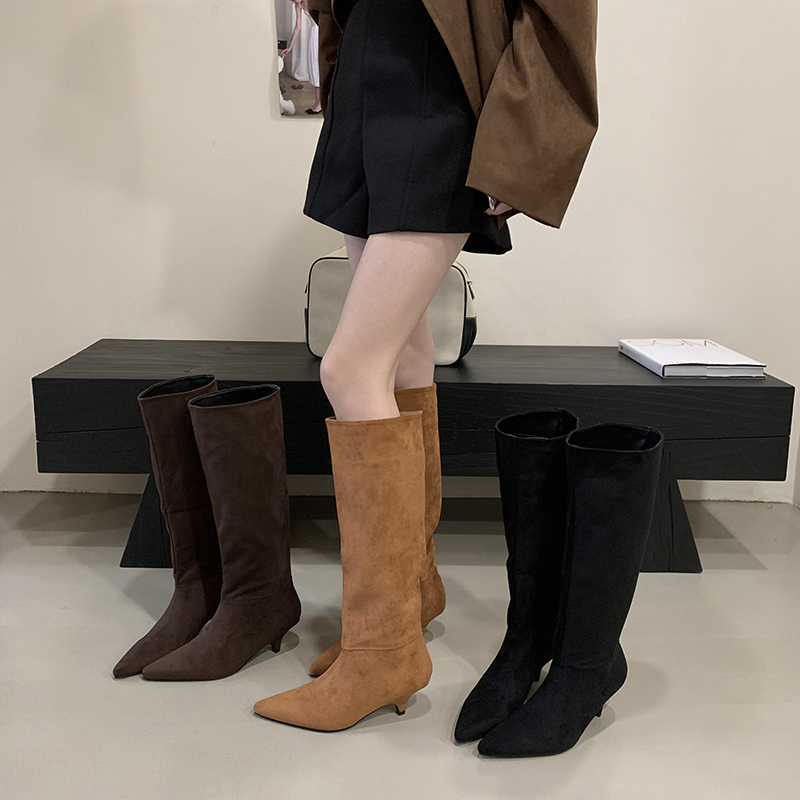 2025 Autumn Winter High Quality Wide Shaft Stack Boots Pointed Toe Sleeve Wedge High Boots Solid Color Elegant Suede Boots