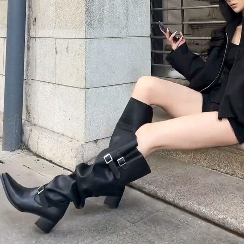 2026 Autumn Winter Pointed Toe Belt Buckle Knight Boots Comfortable Chunky Heel Over Knee High Boots Fashion Wide Calf Boots for Women