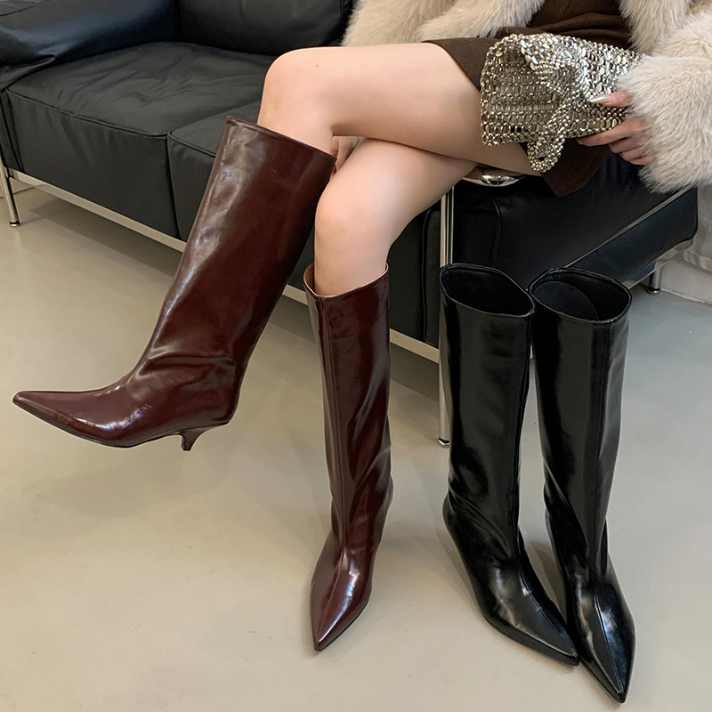 2026 Fall Winter European American Style Minimalist Long Boots Pointed Toe Wedge High Boots Commute Versatile Slim Wide Shaft Boots Women