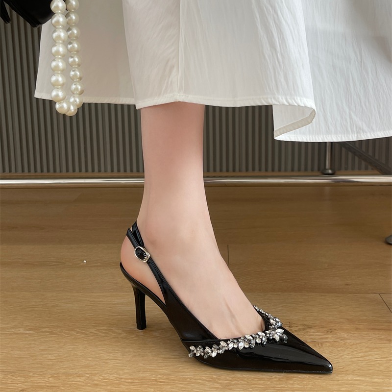 2026 Spring Summer French Nude High Heel Women's Sandals Thin Heel Rhinestone Trim Pointed Toe Elegant
