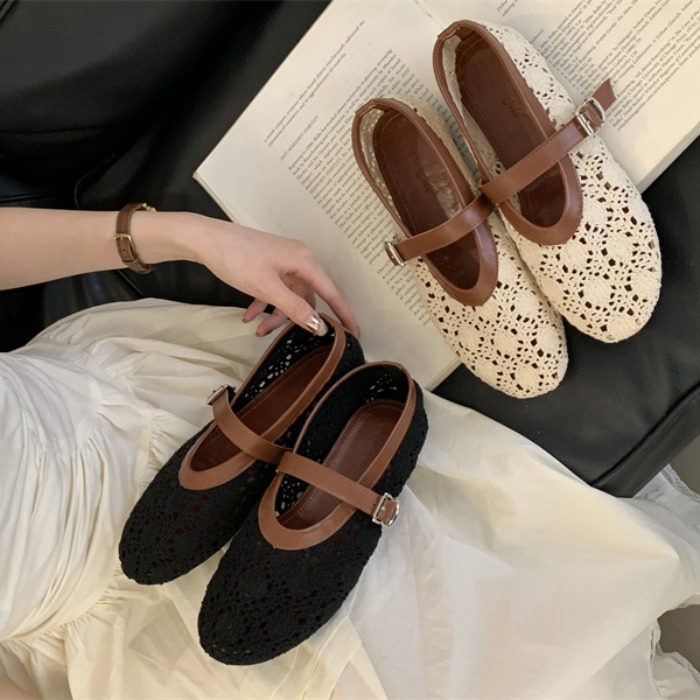 Hollow Knit Stitching Mary Jane Shoes for Women 2026 Spring Summer New Style Versatile Low Heel Flat Shoes with Dress