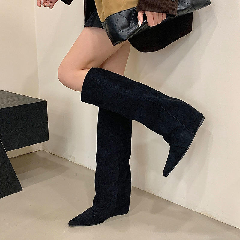 Minimalist Straight Shaft Long Boots Pointed Toe Wide Calf Height Increasing Boots 2025 Autumn Winter Slim Fit Over-the-Knee Boots