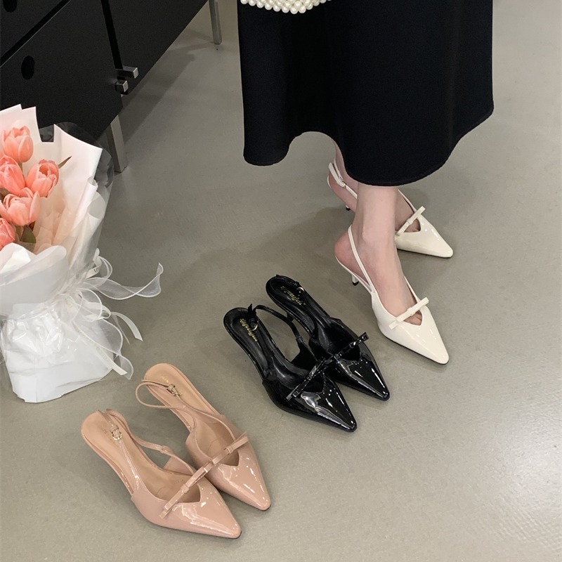 New French Style Bow Wrap Heel Sandals for Women Thin Heel Patent Leather Mid Kitten Heels