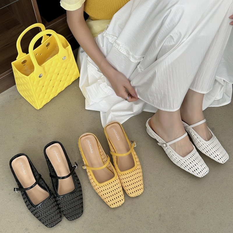 New Retro Woven Hollow Square Toe One-Strap Chunky Heel Mule Slippers Women Summer