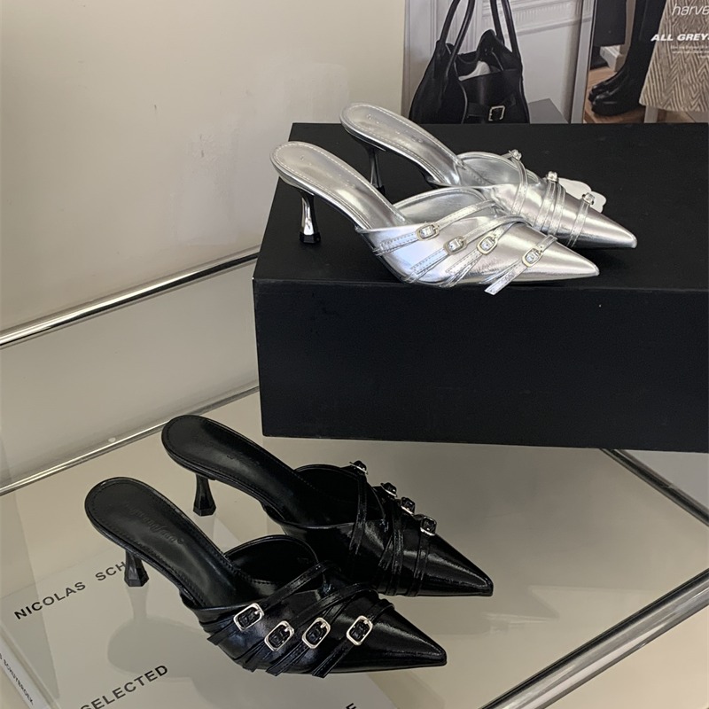 New Silver Pointed Toe Women's Slingback Sandals with Buckle Strap, Kitten Heel Mules for Spring Summer