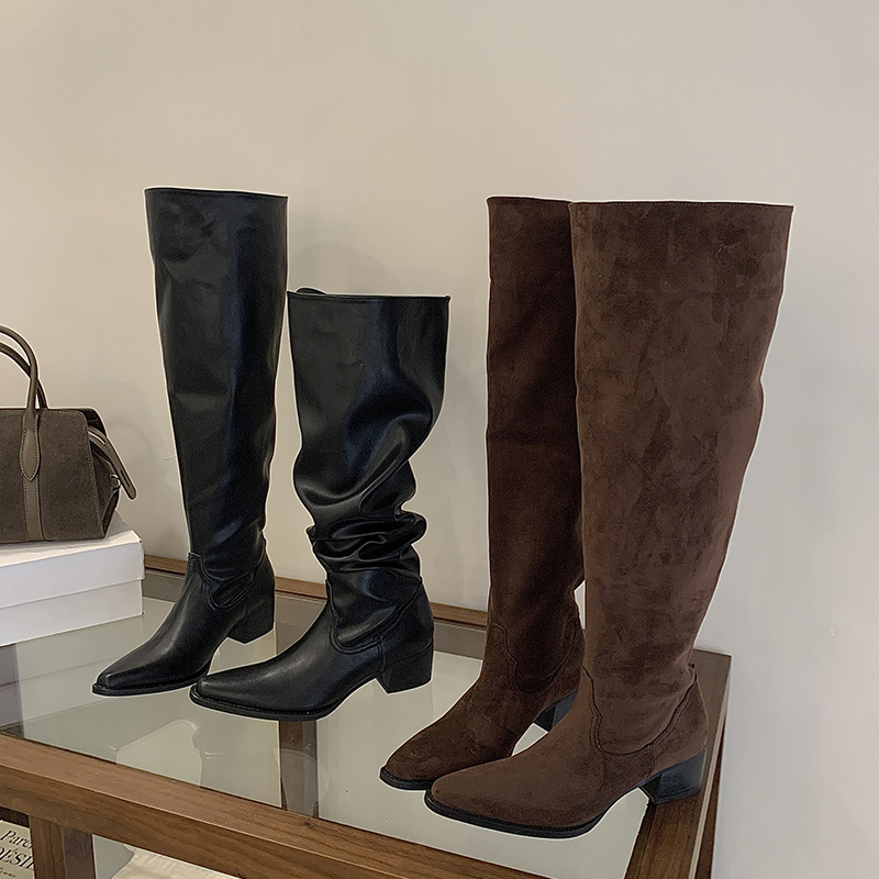 Relaxed Minimalist Solid Color Long Boots Women 2025 Autumn Winter New Style Wide Calf Ruffled Chunky Heel Pointed Toe Stacked Boots