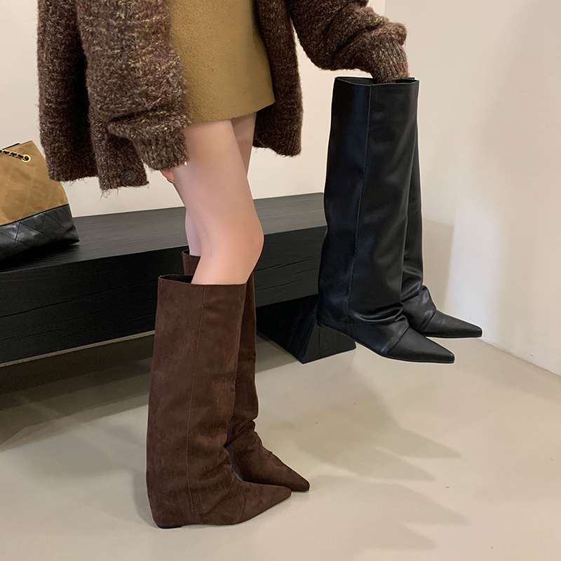 Retro Small Design Long Boots Pointed Toe Height Increasing Straight Boots Women 2025 Autumn Winter Slim Fit Slip-on High Boots