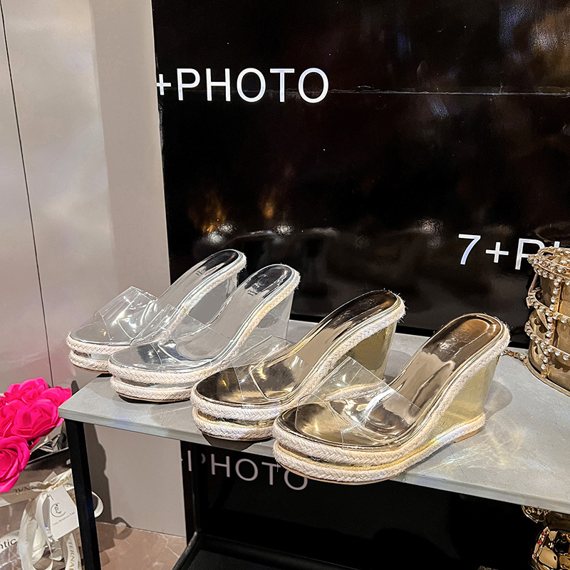 Summer New Transparent One-Strap Metal Strip Wedge Slippers 10.5cm