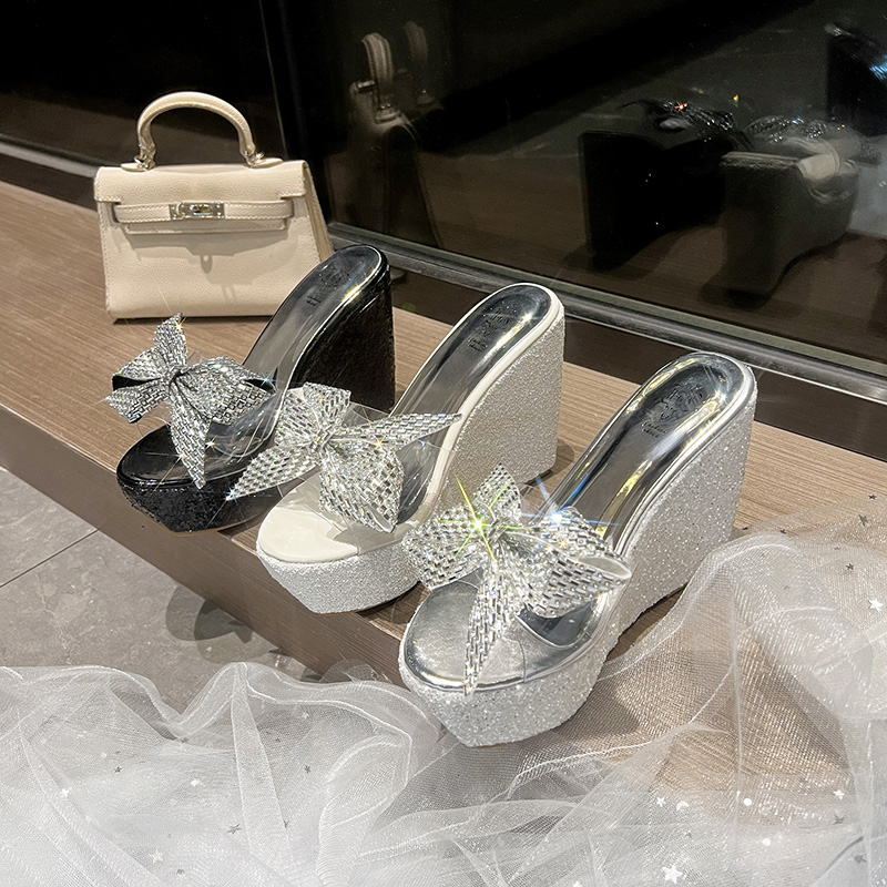 Trendy Rhinestone Platform Slippers for Women Summer 2025 New High Heel Wedge Sandals Slides
