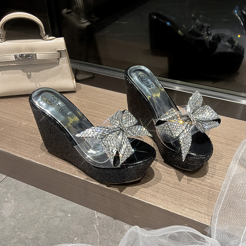 Trendy Rhinestone Platform Slippers for Women Summer 2025 New High Heel Wedge Sandals Slides - Image 4