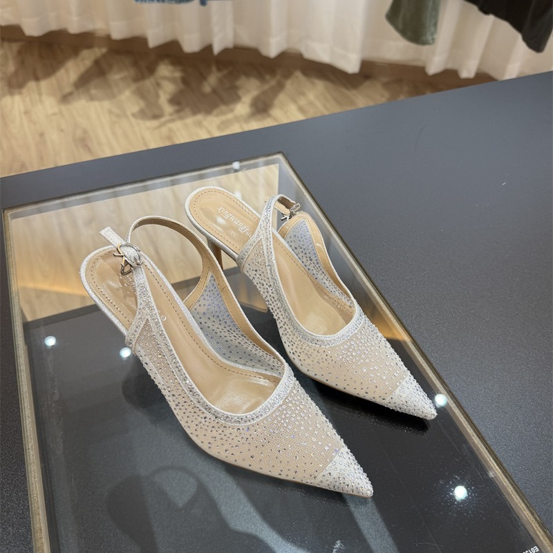 Women's 2026 New Spring Summer High Heel Pointed Toe Rhinestone Mesh French Style Sandals