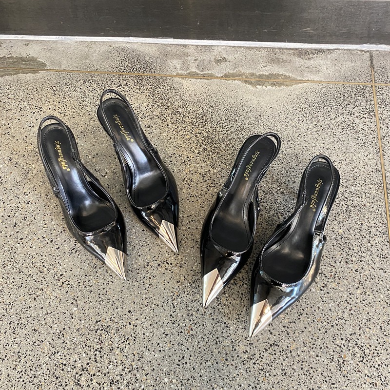 Women's Black Patent Leather Pointed Toe Open Back Fashion Sandals with Metal Heel High Heels