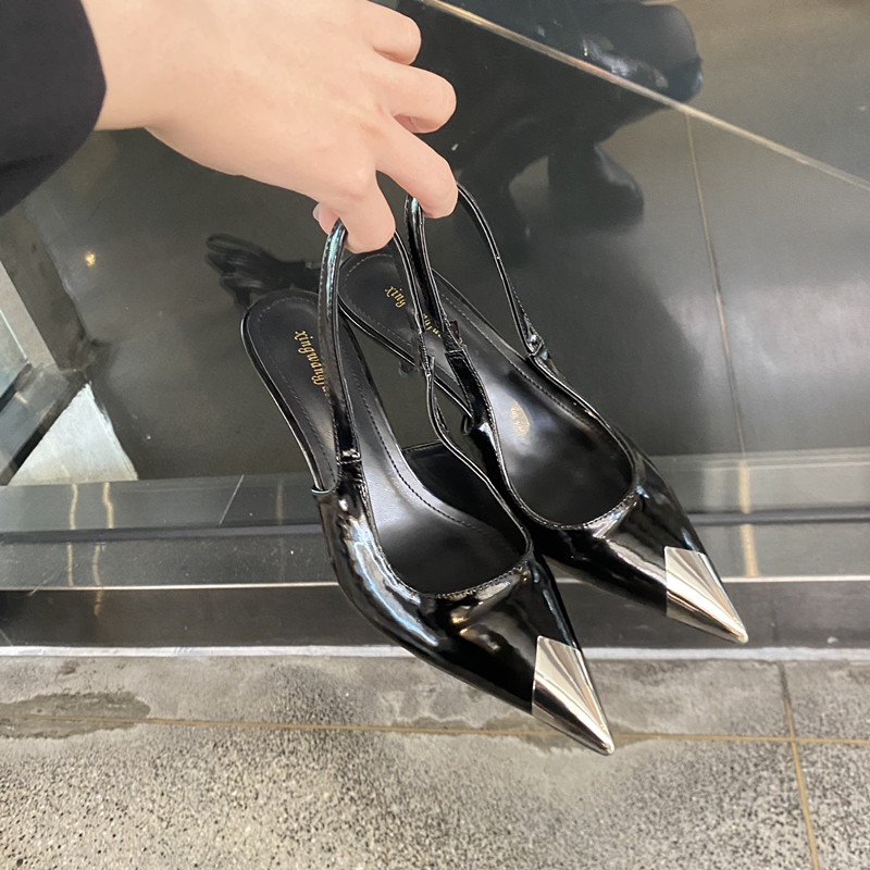 Women's Black Patent Leather Pointed Toe Open Back Fashion Sandals with Metal Heel High Heels - Image 4