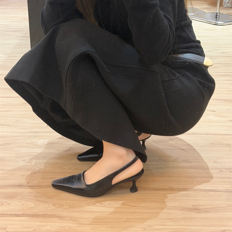 Women's High Heel Sandals Spring Summer Square Toe Silver Kitten Heel Closed Toe French Style Patent Leather Shoes - Image 4