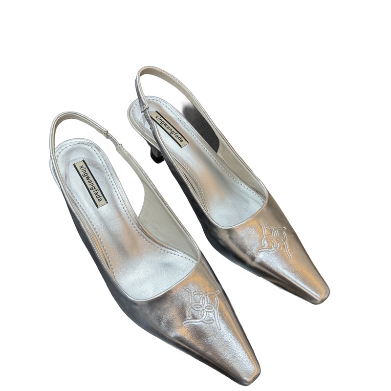 Women's High Heel Sandals Spring Summer Square Toe Silver Kitten Heel Closed Toe French Style Patent Leather Shoes - Image 5
