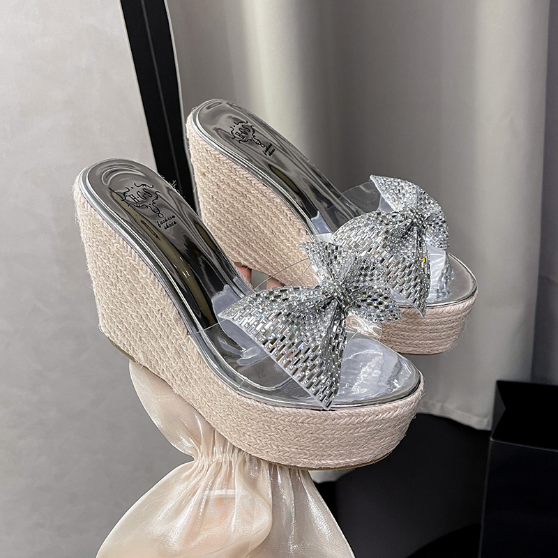 Women's Summer Wedge Slippers 2024 New Bow Rhinestone High Heel Platform Thick Sole Fashion Slides - Image 2