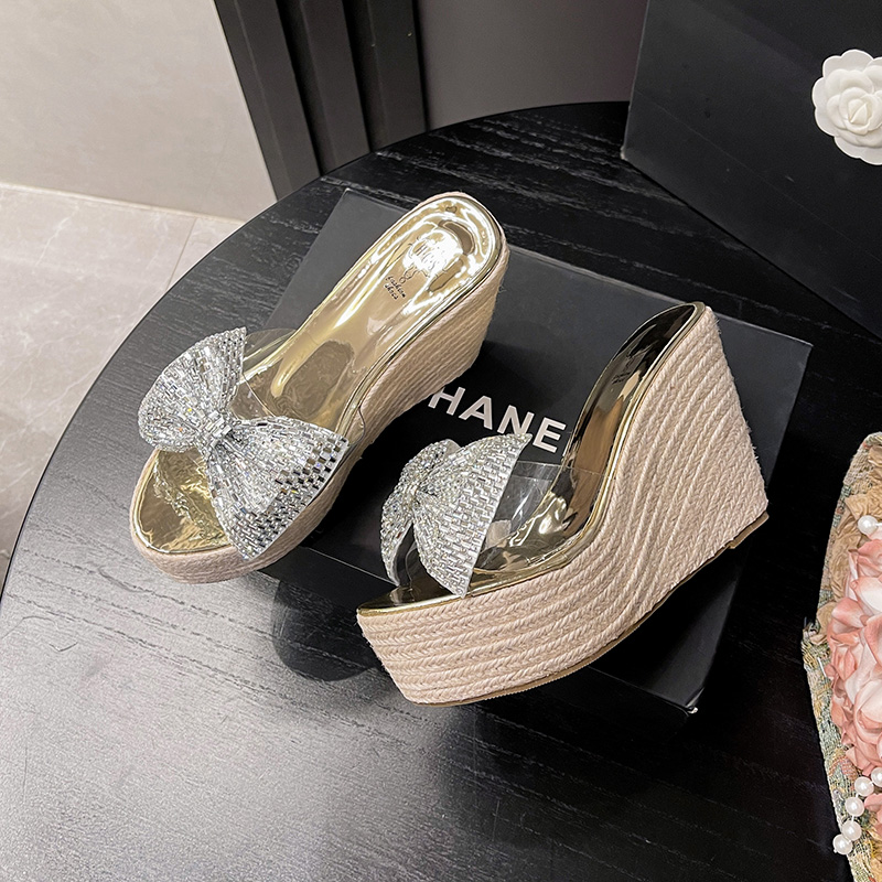 Women's Summer Wedge Slippers 2024 New Bow Rhinestone High Heel Platform Thick Sole Fashion Slides - Image 3