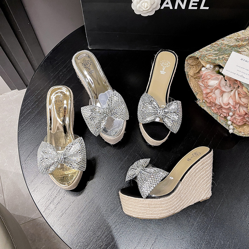 Women's Summer Wedge Slippers 2024 New Bow Rhinestone High Heel Platform Thick Sole Fashion Slides - Image 5