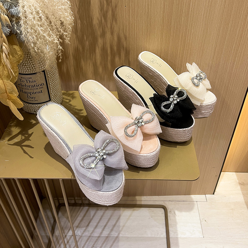 Women's Summer Wedge Slippers with Bow Rhinestone Platform High Heel